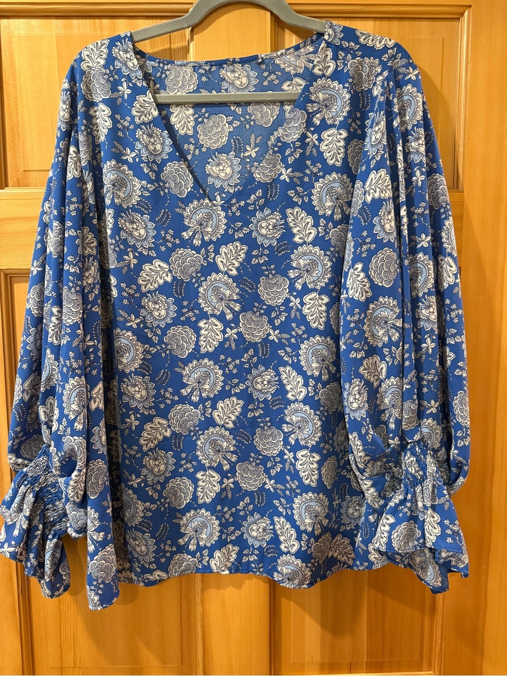 Blue Floral V-Neck Women’s Blouse